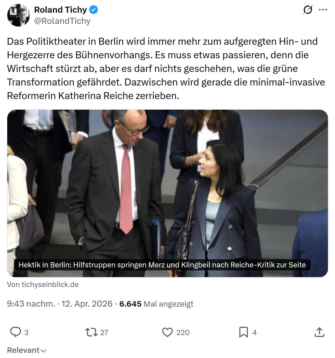 Roland Tichy: Das Politiktheater in Berlin…