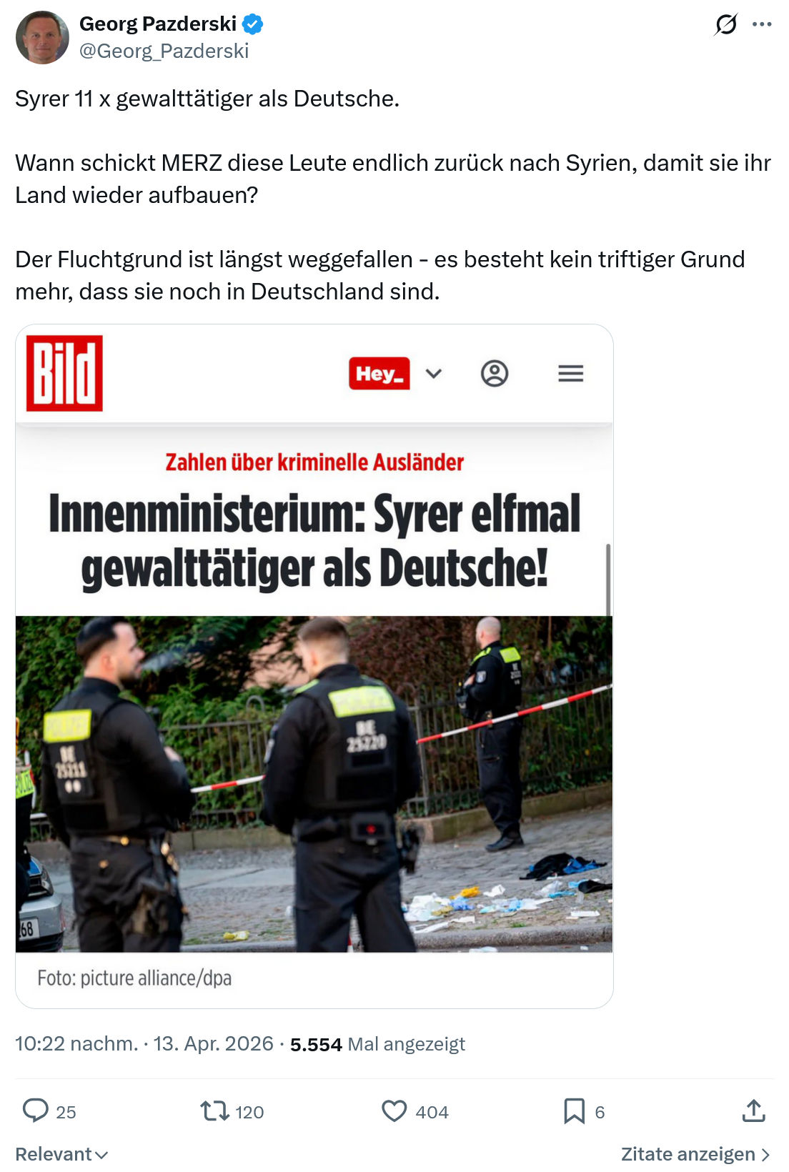 Georg Pazderski: Syrer 11 x gewalttätiger als Deutsche…