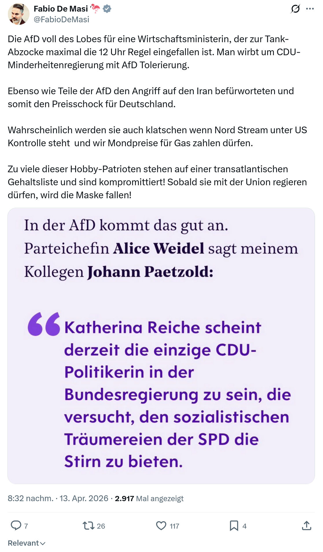 Fabio De Masi: Die AfD voll des Lobes für eine Wirtschaftsministerin…