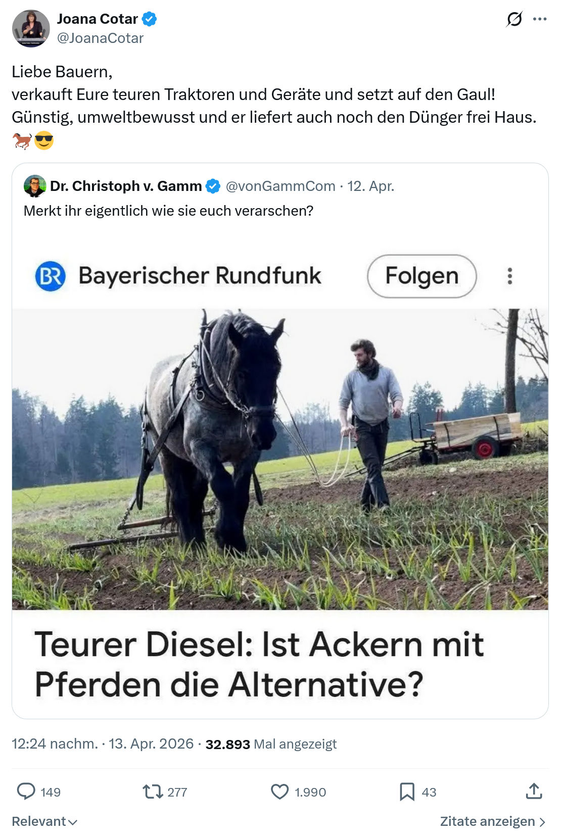 Joana Cotar: Liebe Bauern,  verkauft Eure…
