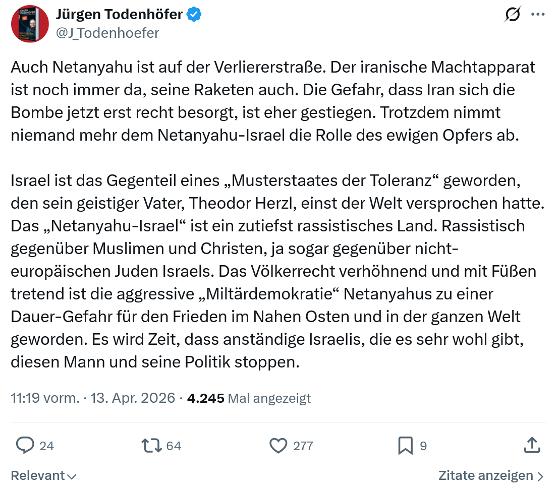 Jürgen Todenhöfer: Auch Netanyahu ist auf der Verliererstraße…
