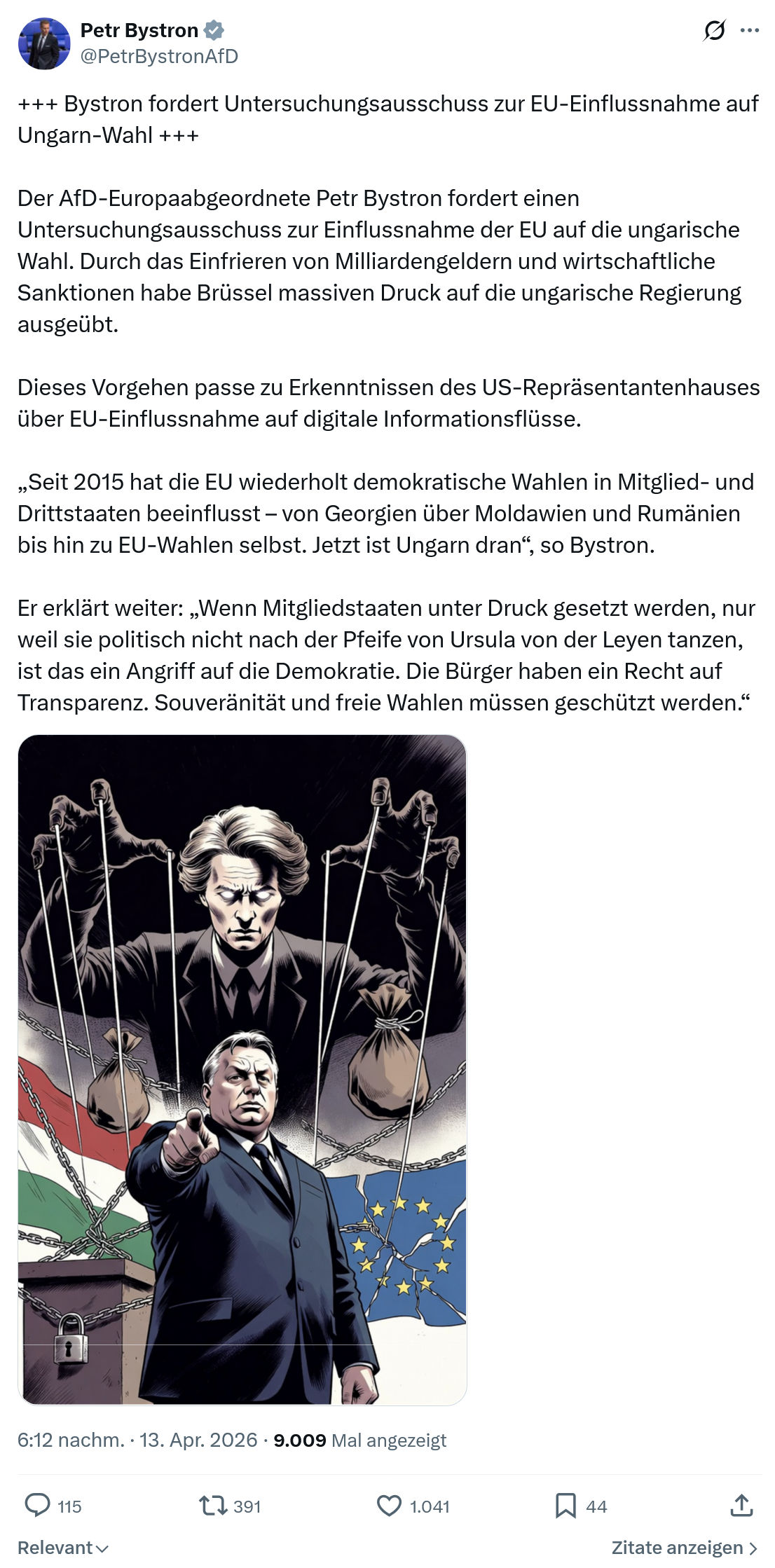 Petr Bystron: +++ Bystron fordert Untersuchungsausschuss zur EU-Einflussnahme auf Ungarn-Wahl +++…