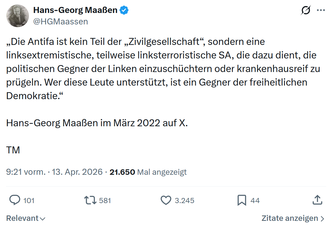 Hans-Georg Maaßen: Die Antifa ist kein Teil der „Zivilgesellschaft“…
