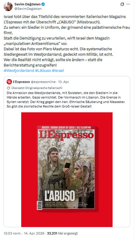 Sevim Dagdelen: Israel tobt über das Titelbild des renommierten italienischen Magazins…