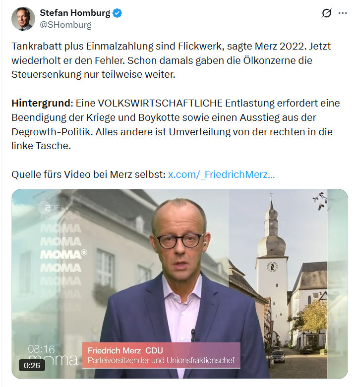 Stefan Homburg: Tankrabatt plus Einmalzahlung sind Flickwerk…