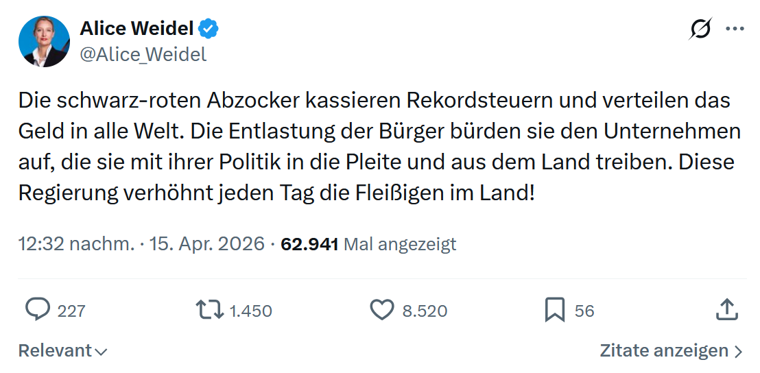 Alice Weidel: Die schwarz-roten Abzocker kassieren Rekordsteuern...