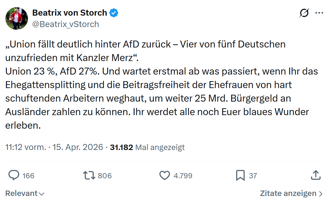 Beatrix von Storch: Union fällt deutlich hinter AfD zurück…