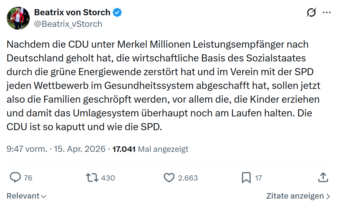 Beatrix von Storch: Nachdem die CDU unter Merkel Millionen…