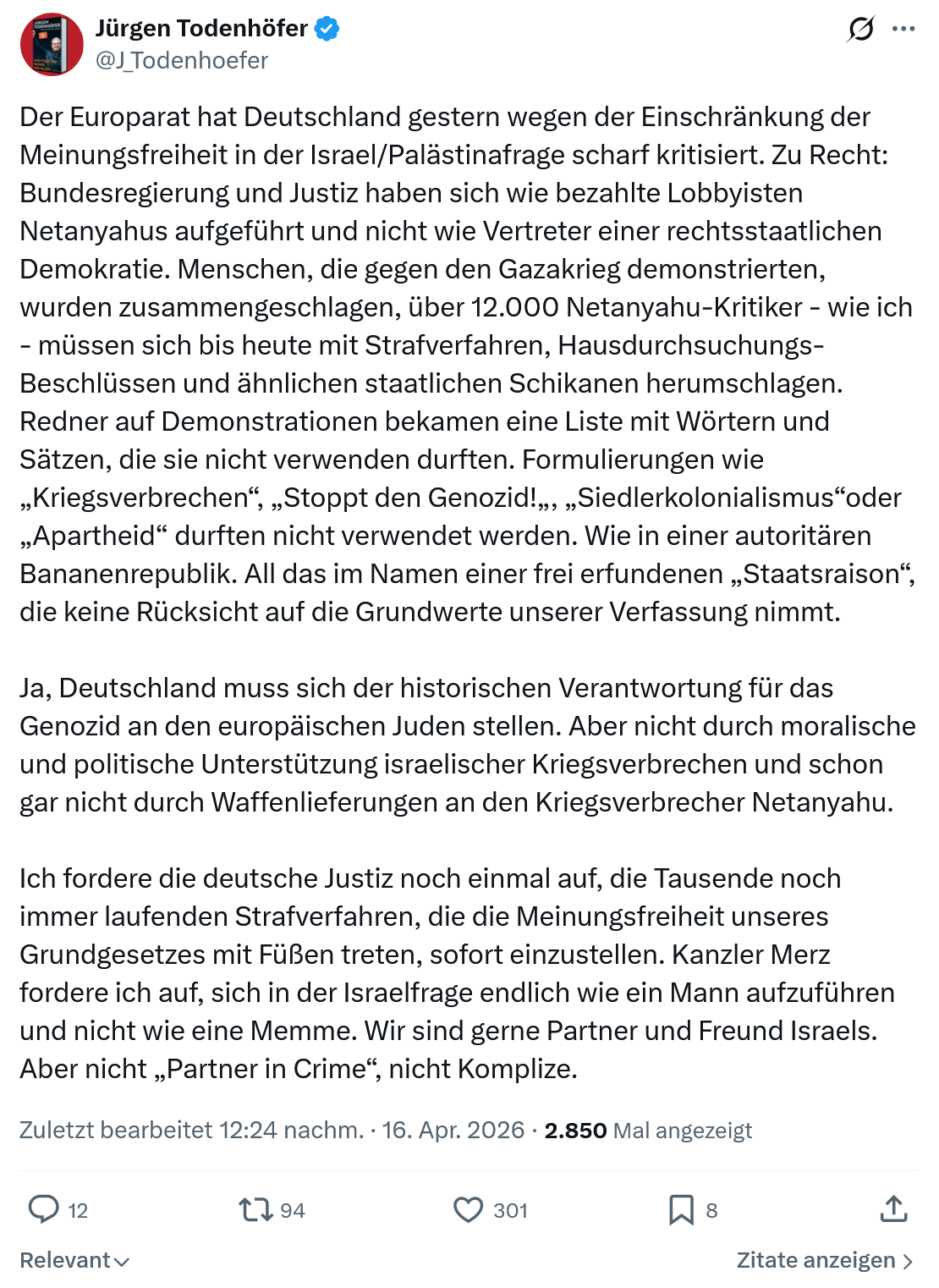Jürgen Todenhöfer: Der Europarat hat Deutschland gestern...