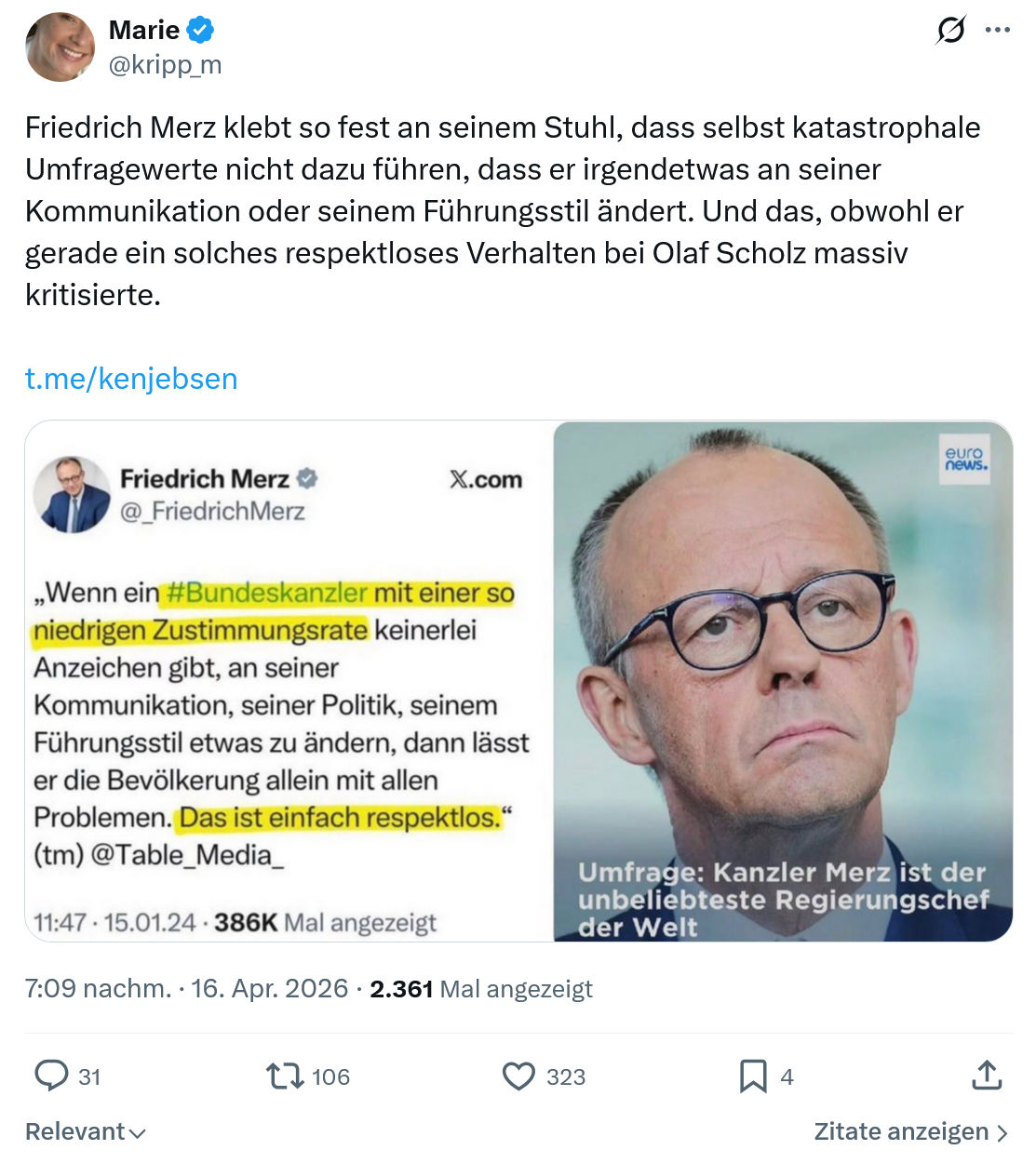 Marie kripp: Friedrich Merz klebt so fest...