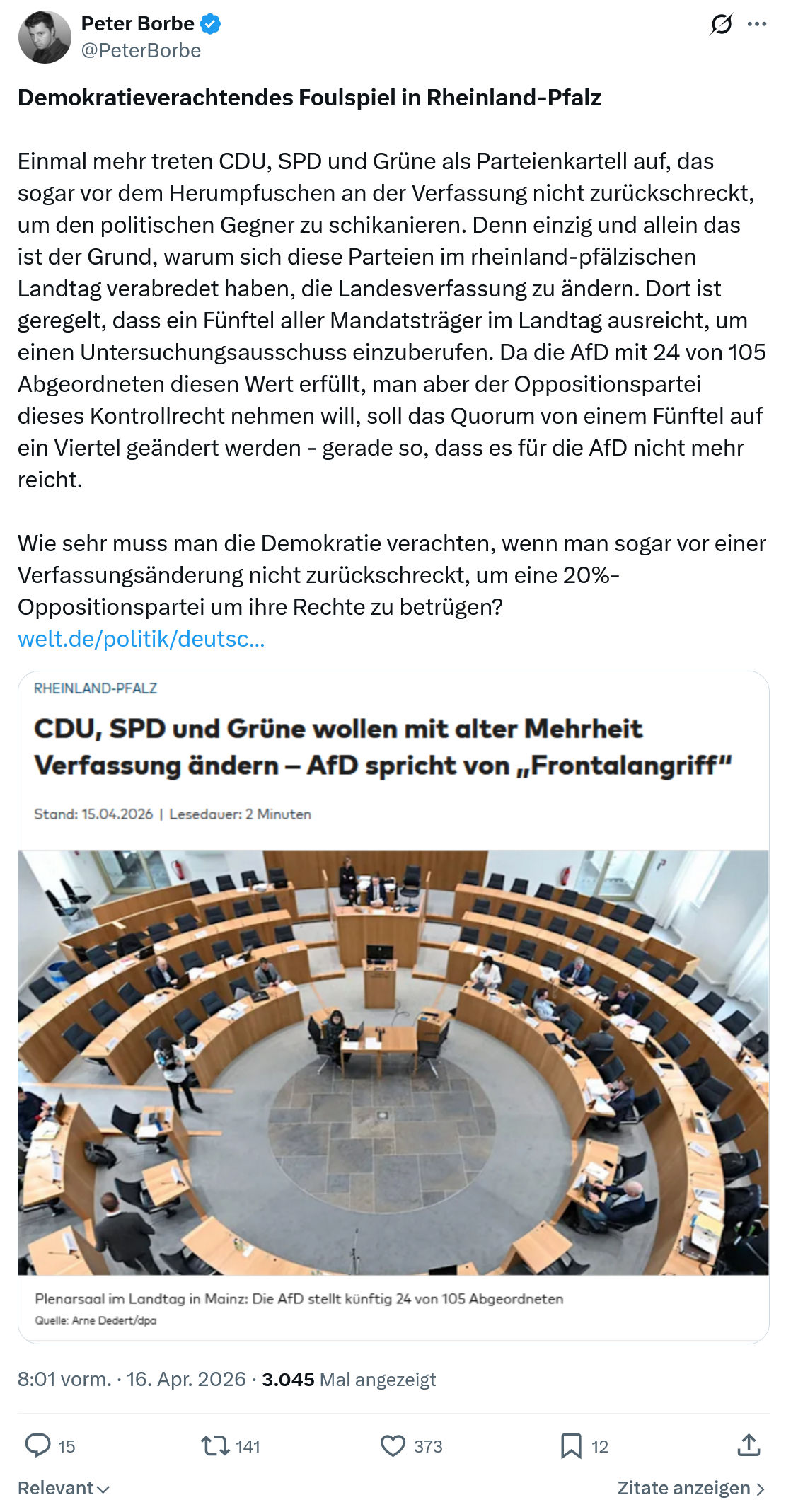 Peter Borbe: Demokratieverachtendes Foulspiel in Rheinland-Pfalz...