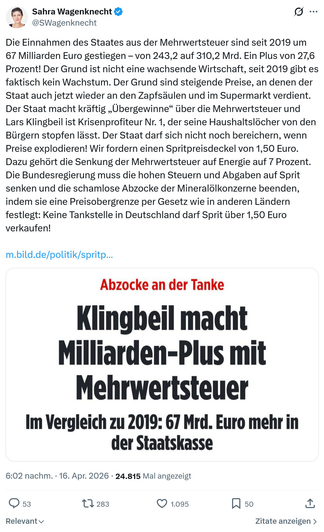 Sahra Wagenknecht: Die Einnahmen des Staates aus der...