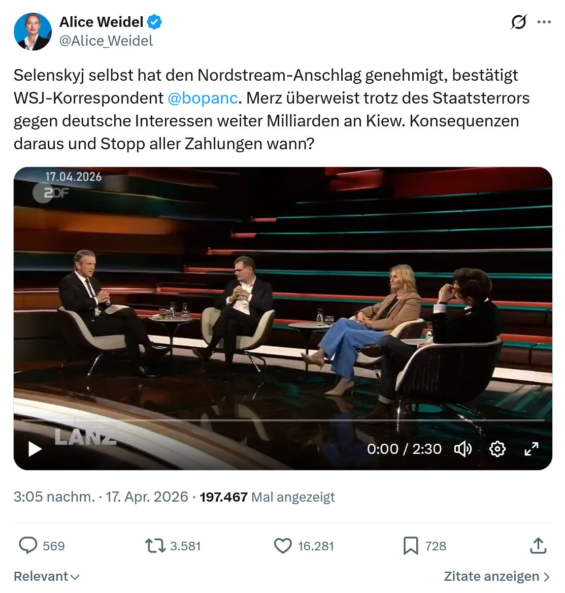 Alice Weidel: Selenskyj selbst hat den Nordstream...