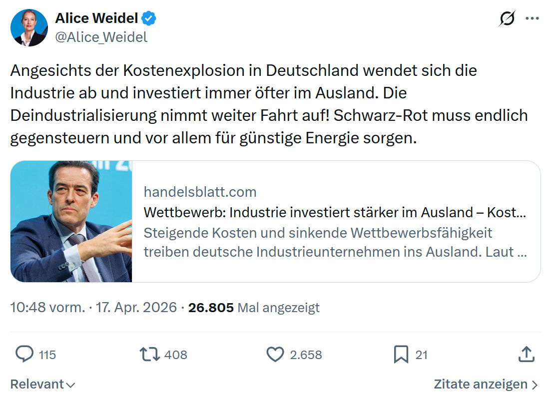 Alice Weidel: Angesichts der Kostenexplosion in Deutschland...