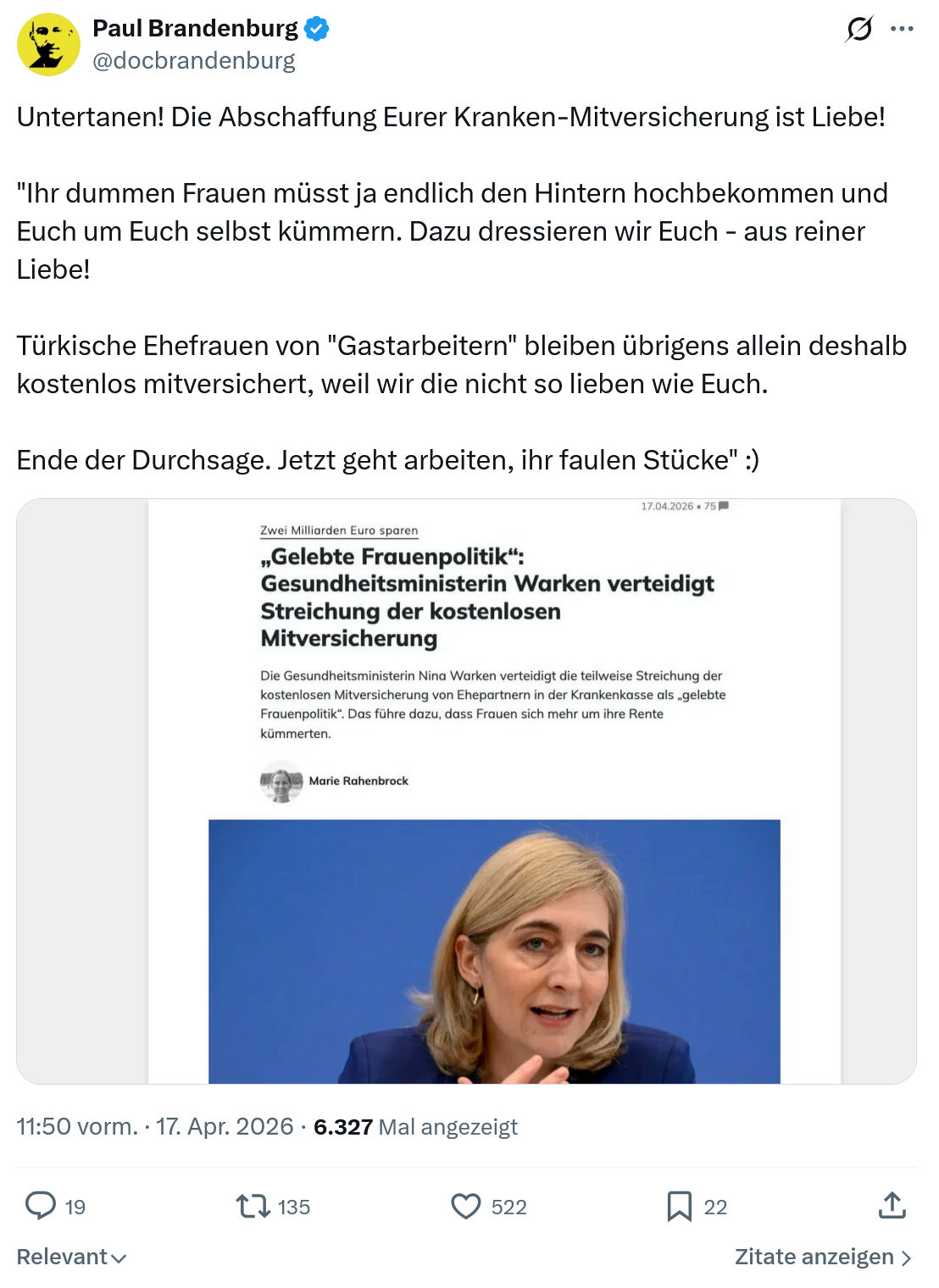 Paul Brandenburg: Untertanen! Die Abschaffung Eurer Kranken-Mitversicherung...
