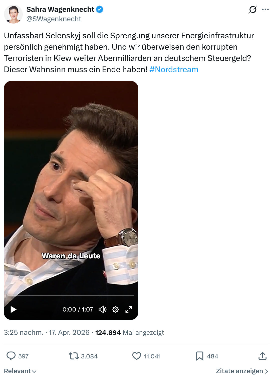 Sahra Wagenknecht: Unfassbar! Selenskyj soll die Sprengung...