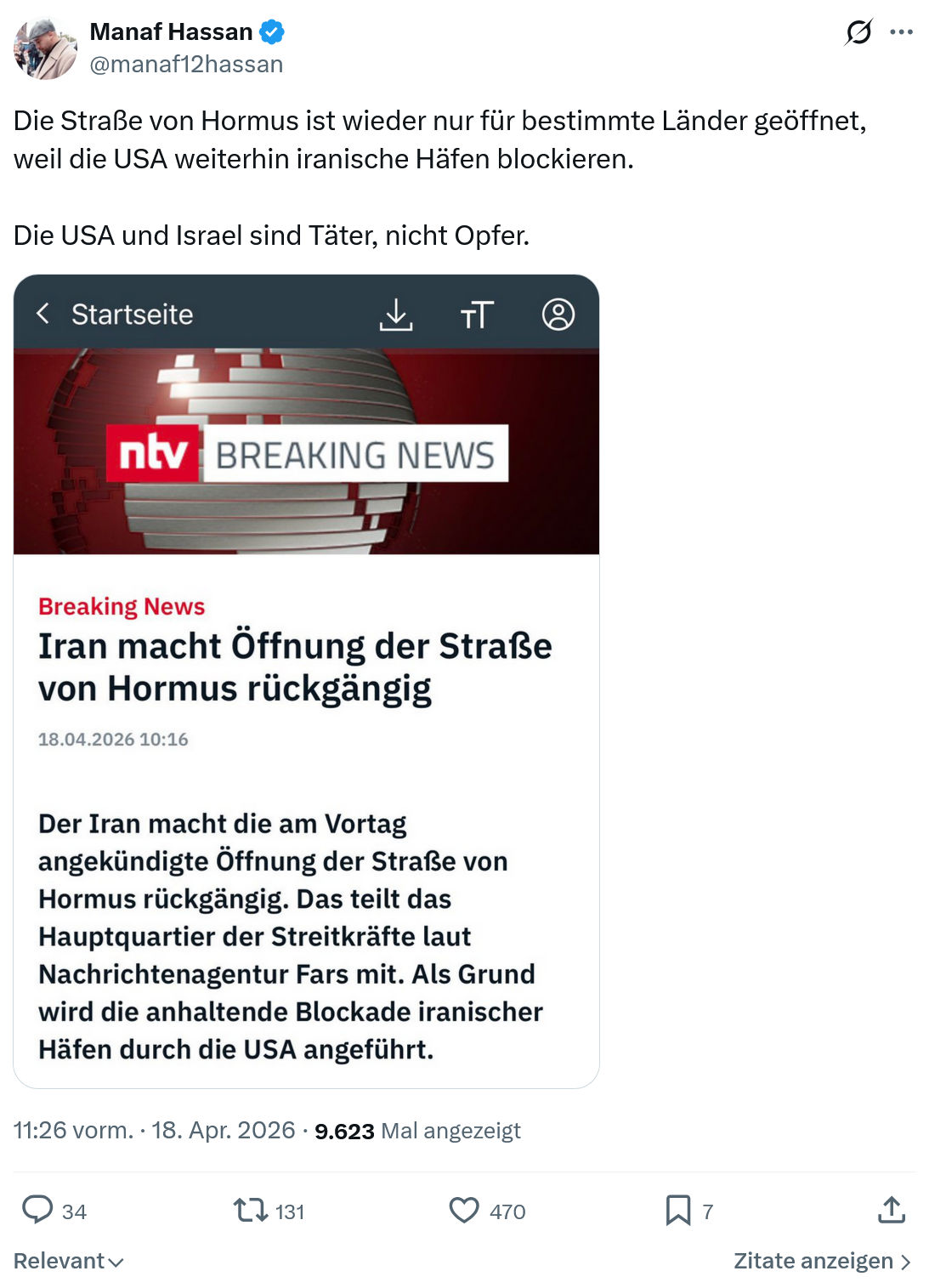 Manaf Hassan: Die Straße von Hormus ist wieder nur für bestimmte…