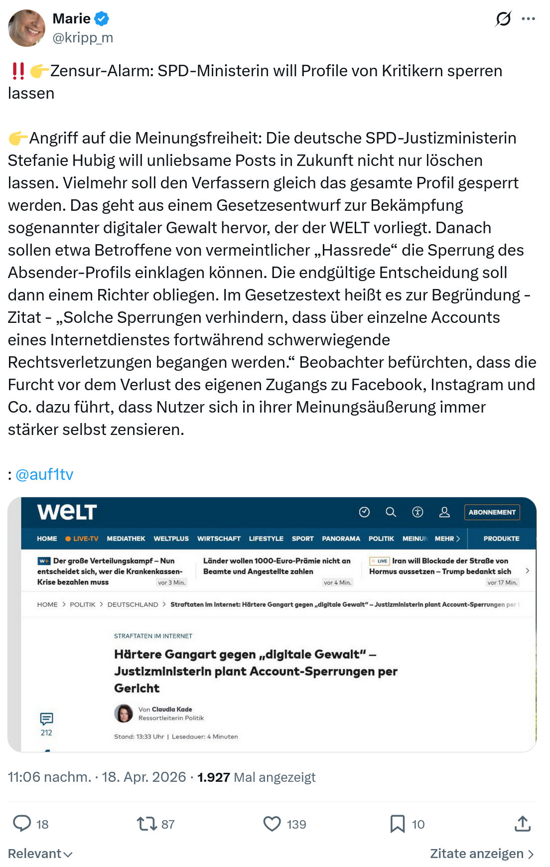 Marie kripp: Zensur-Alarm…