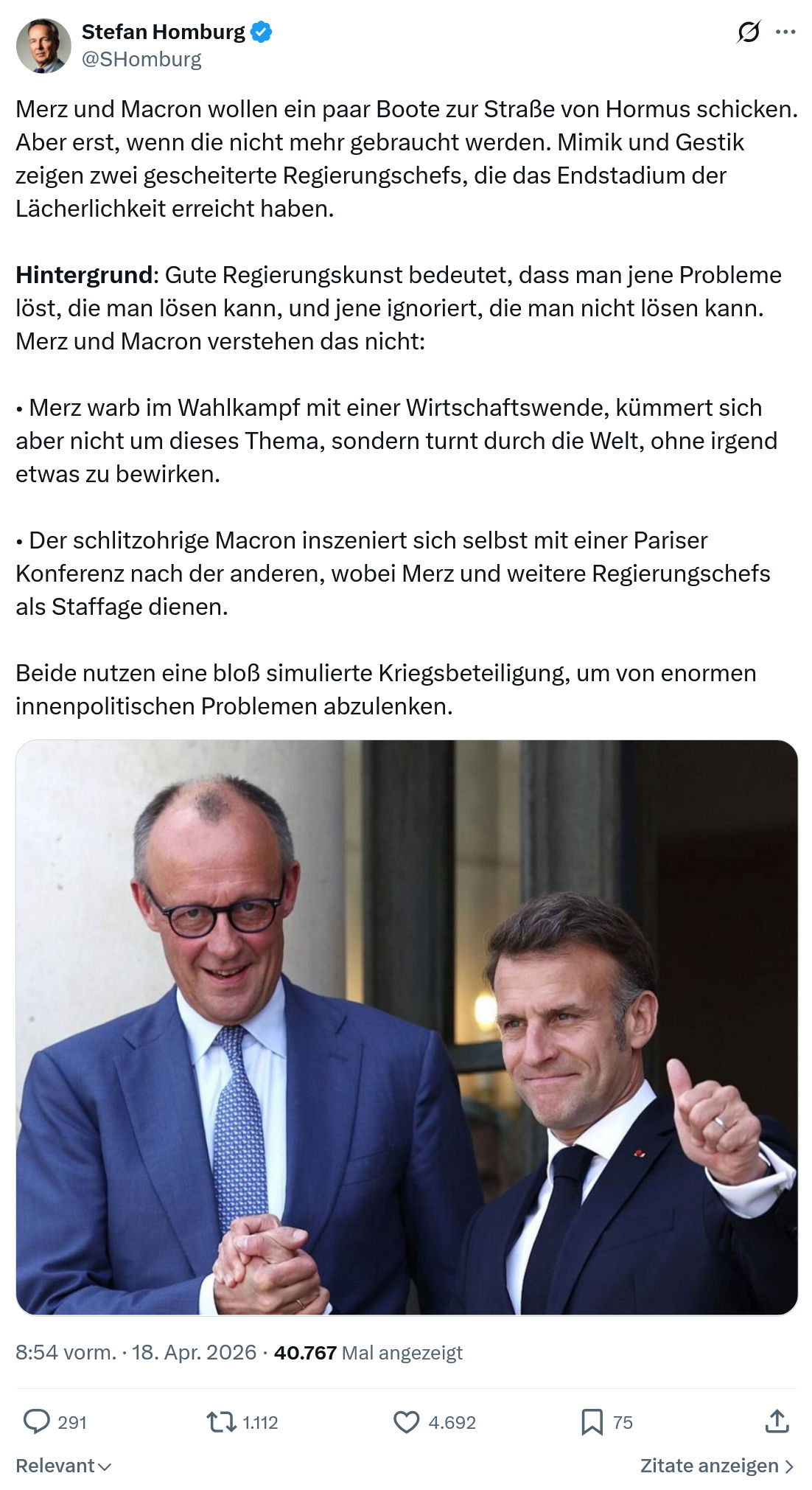 Stefan Homburg: Merz und Macron wollen ein paar Boote…