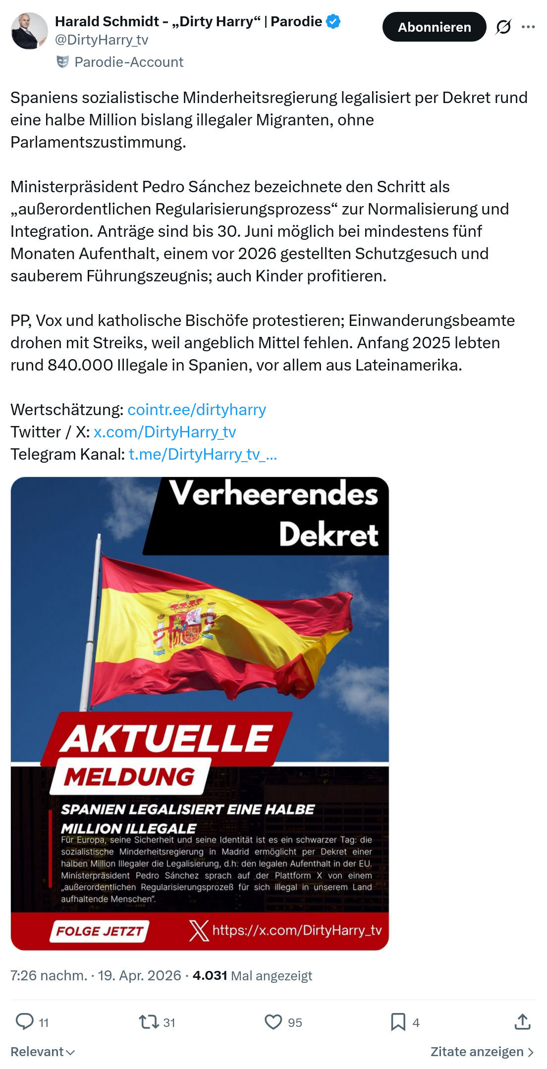 Harald Schmidt: Spaniens sozialistische Minderheitsregierung legalisiert…