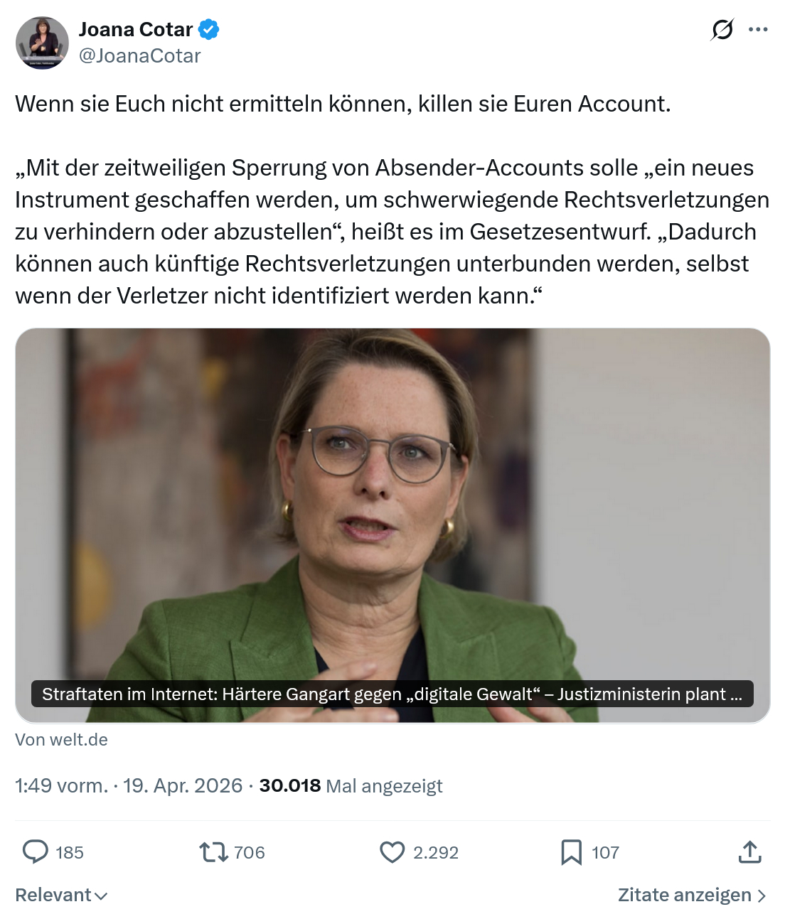 Joana Cotar: Wenn sie Euch nicht ermitteln können…