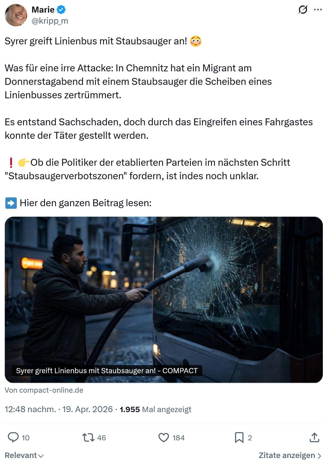 Marie kripp: Syrer greift Linienbus mit Staubsauger an…