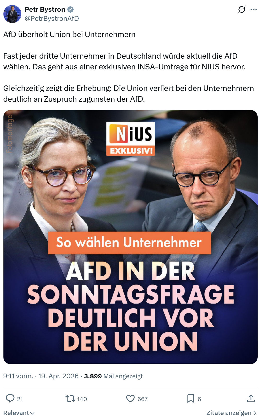 Petr Bystron: AfD überholt Union bei Unternehmern…