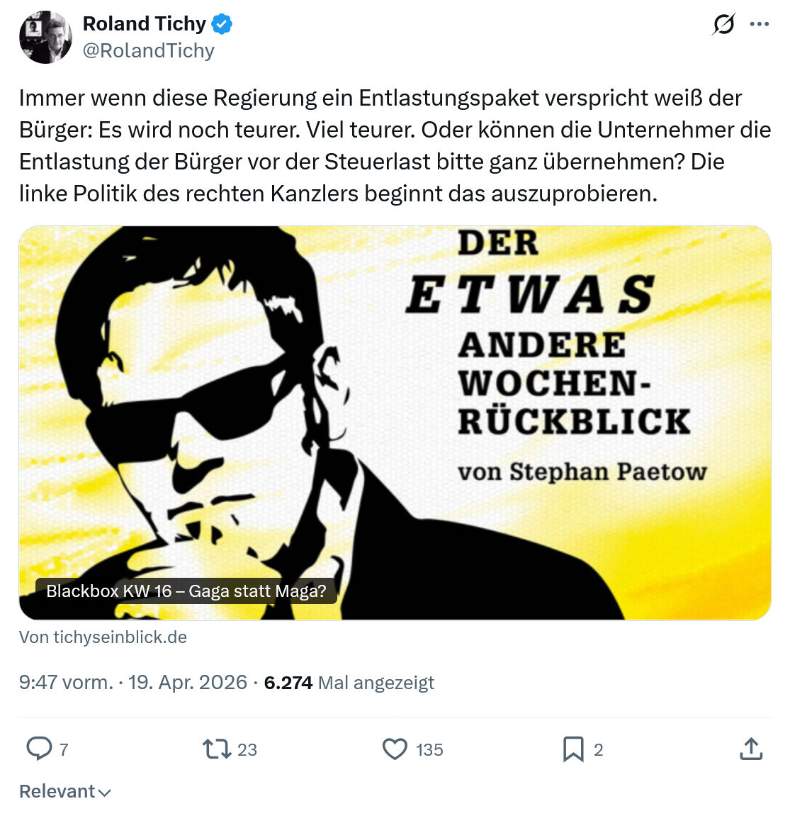 Roland Tichy: Immer wenn diese Regierung ein Entlastungspaket…