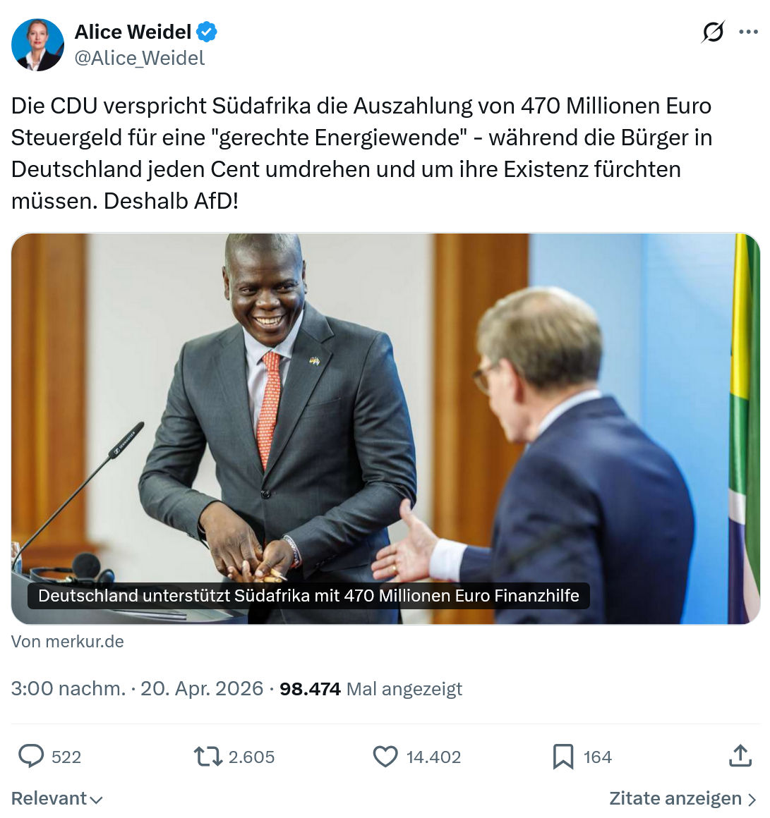 Alice Weidel: Die CDU verspricht Südafrika die Auszahlung…