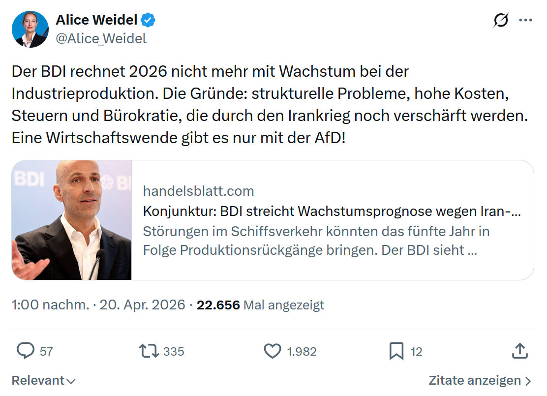 Alice Weidel: Der BDI rechnet 2026 nicht mehr mit Wachstum…