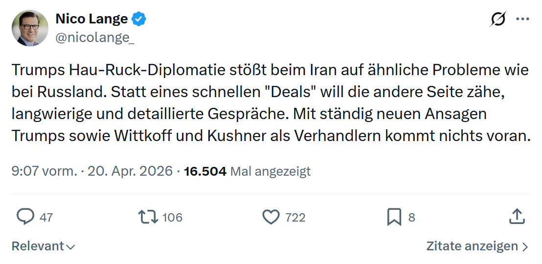 Nico Lange: Trumps Hau-Ruck-Diplomatie stößt beim Iran…