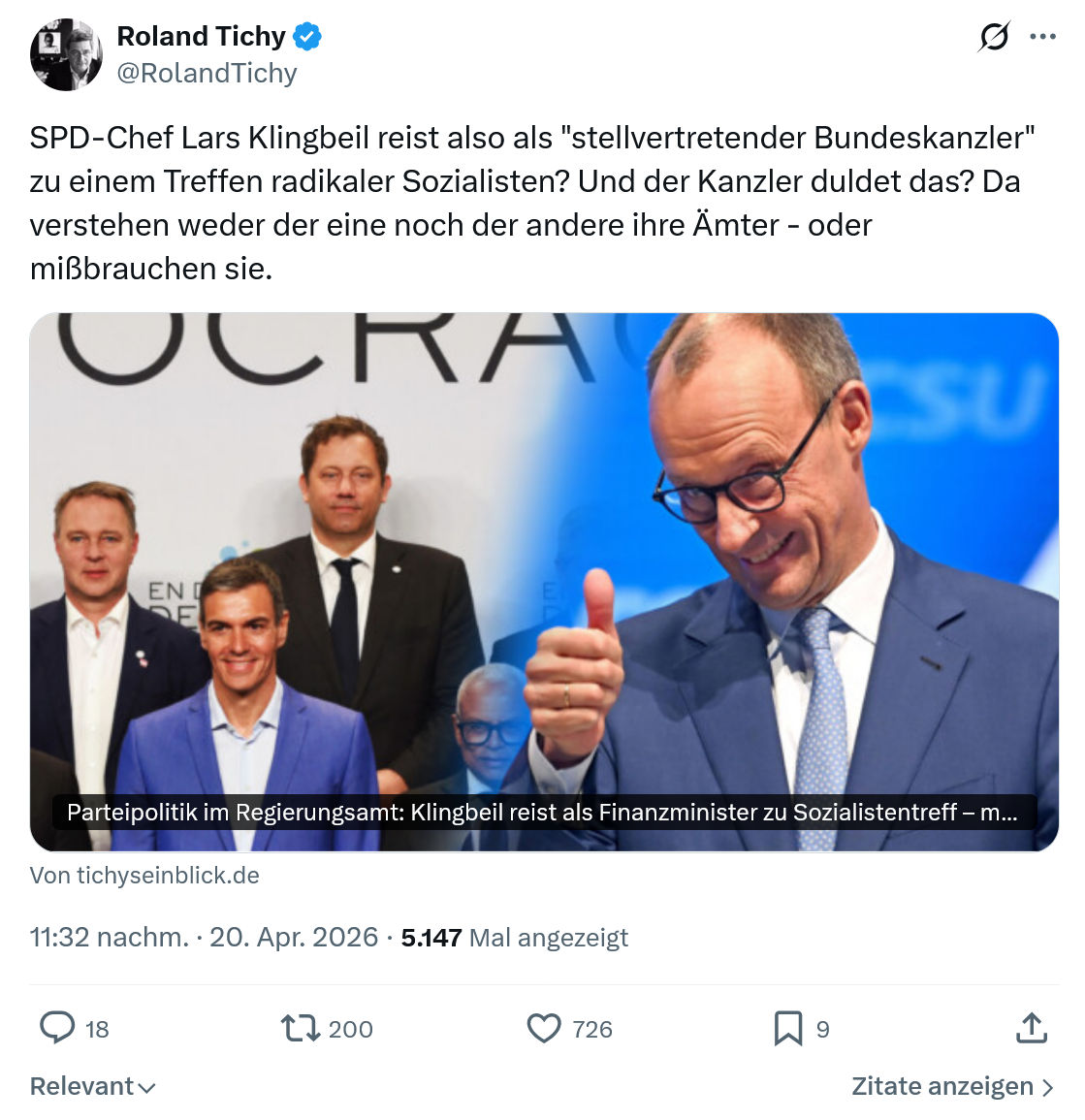 Roland Tichy: SPD-Chef Lars Klingbeil reist…