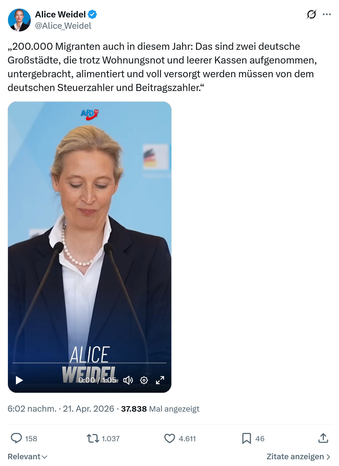 Alice Weidel: 200.000 Migranten auch in diesem Jahr...