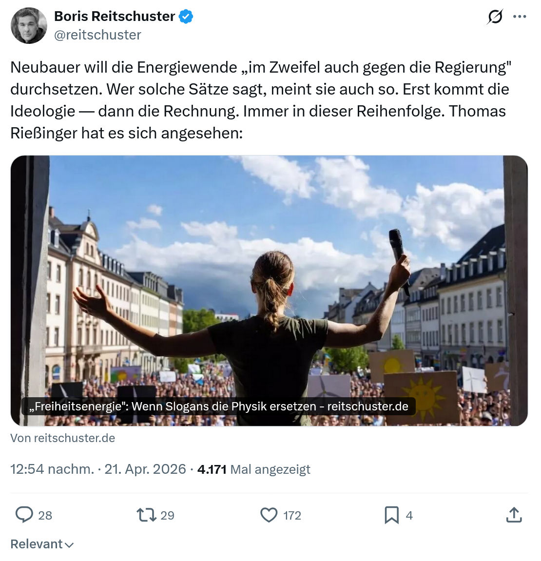 Boris Reitschuster: Neubauer will die Energiewende…