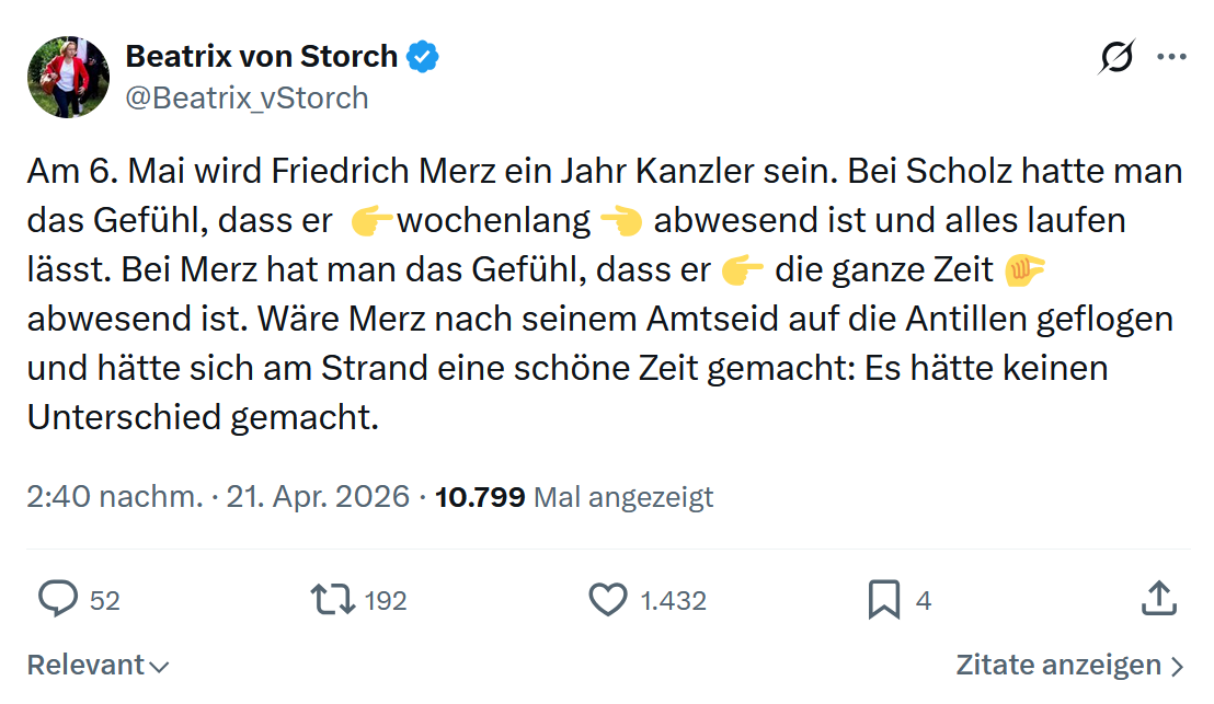Beatrix von Storch: Am 6. Mai wird Friedrich Merz ein Jahr Kanzler sein…