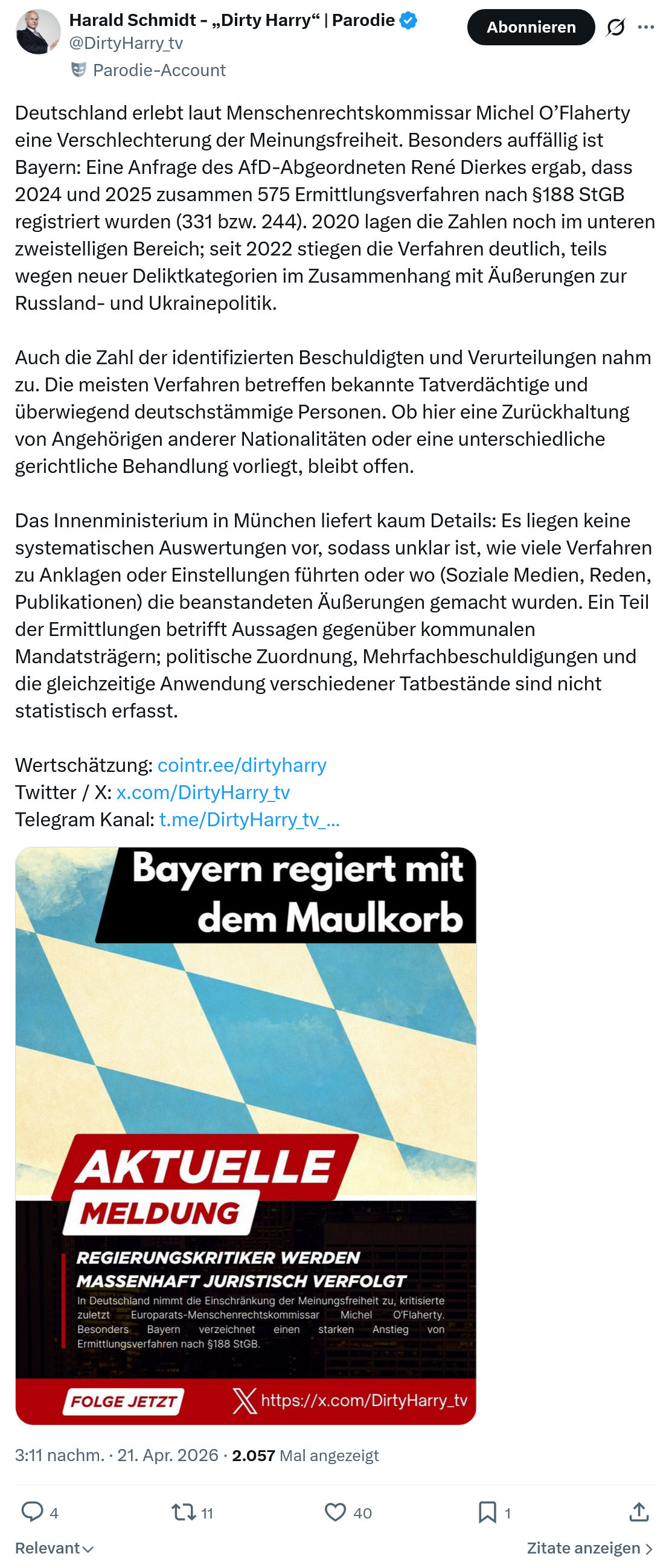 Harald Schmidt: Deutschland erlebt laut Menschenrechtskommissar Michel O’Flaherty…