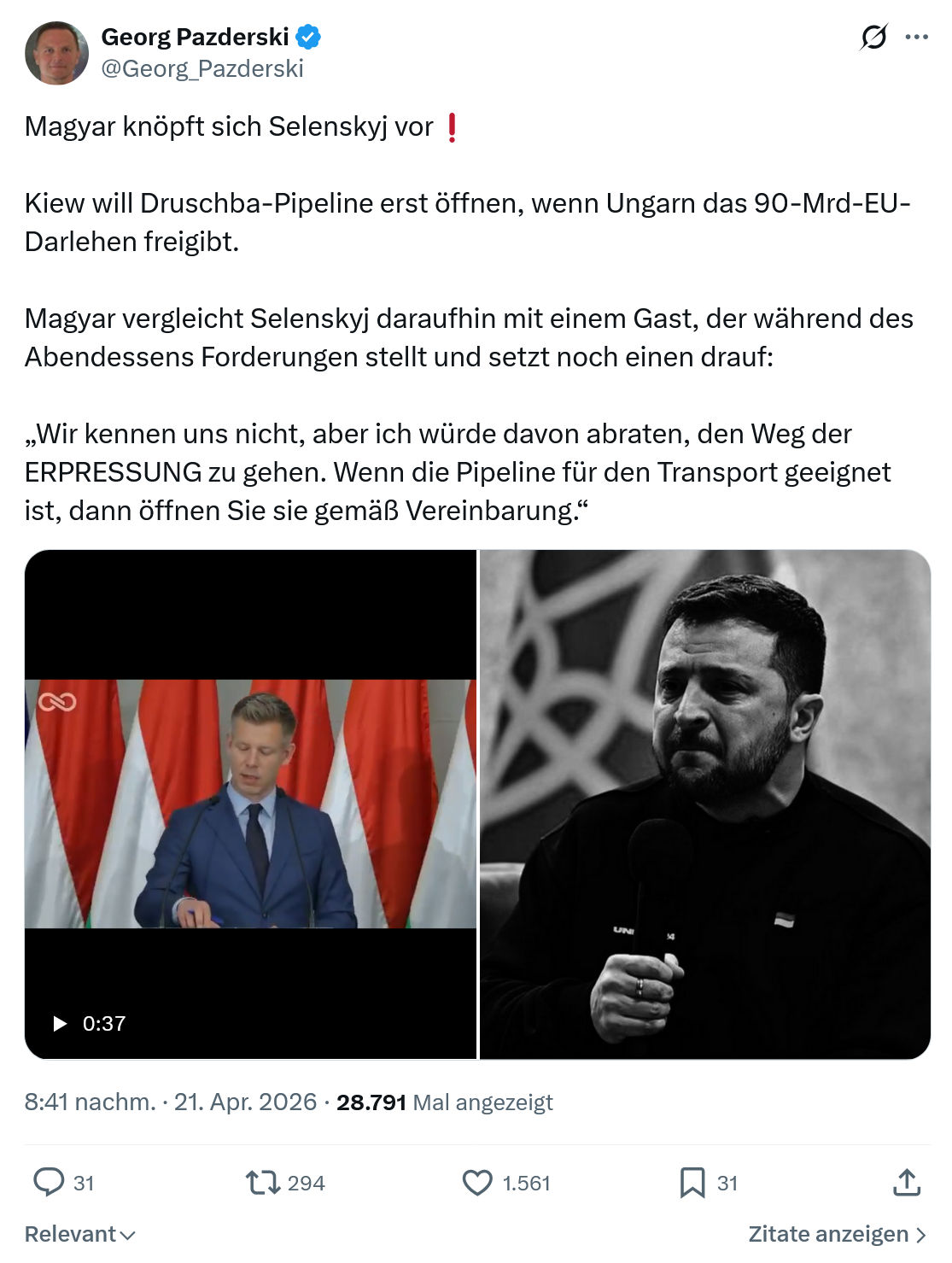 Georg Pazderski: Magyar knöpft sich Selenskyj vor…