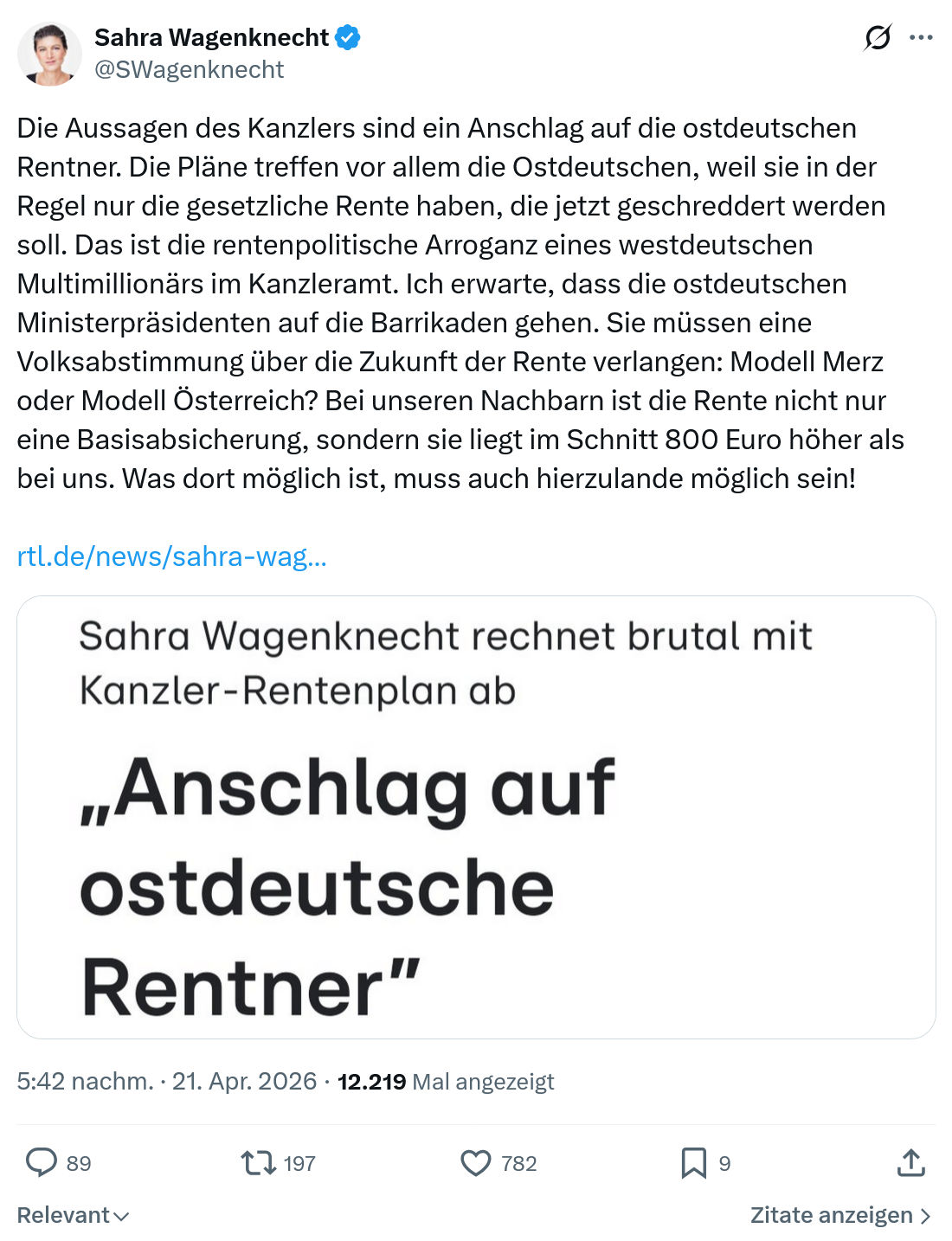 Sahra Wagenknecht: Die Aussagen des Kanzlers sind ein Anschlag…