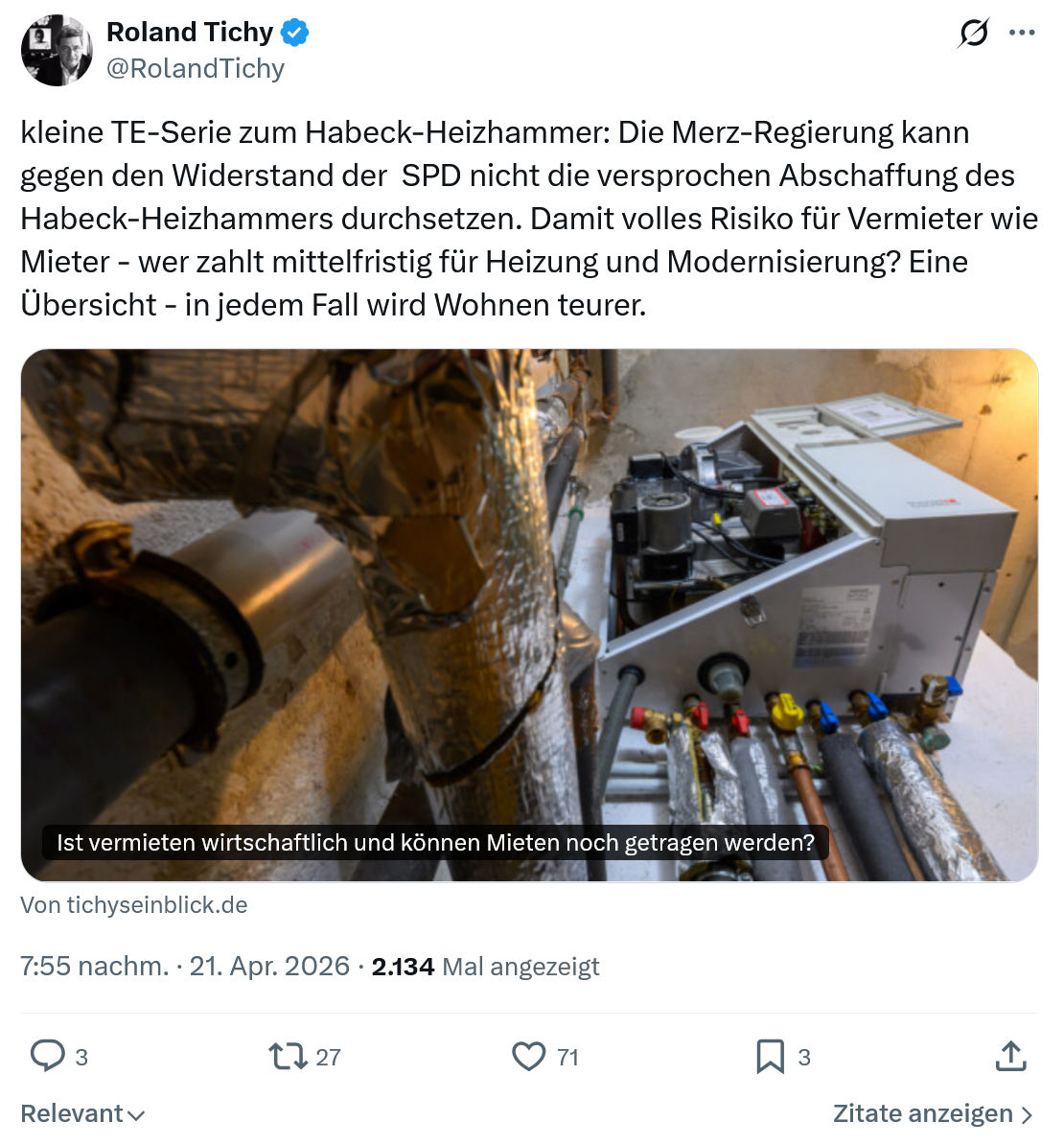 Roland Tichy: kleine TE-Serie zum Habeck-Heizhammer…