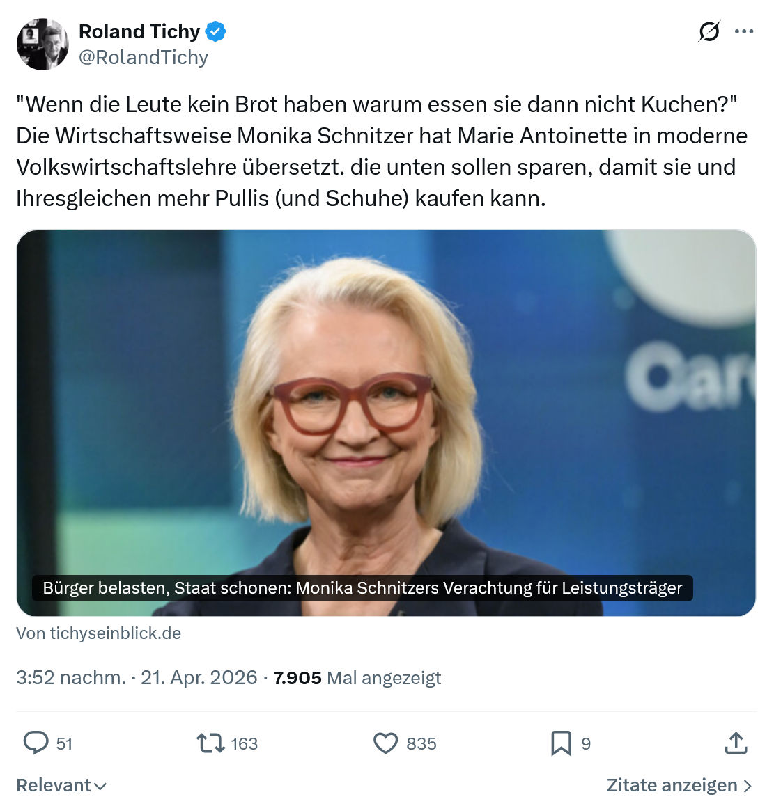 Roland Tichy: Wenn die Leute kein Brot haben warum essen...