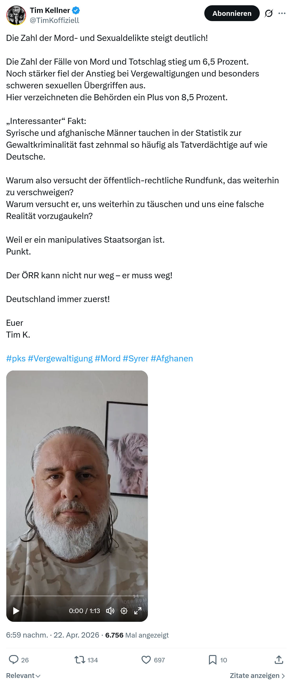 Tim Kellner: Die Zahl der Mord- und Sexualdelikte steigt deutlich…
