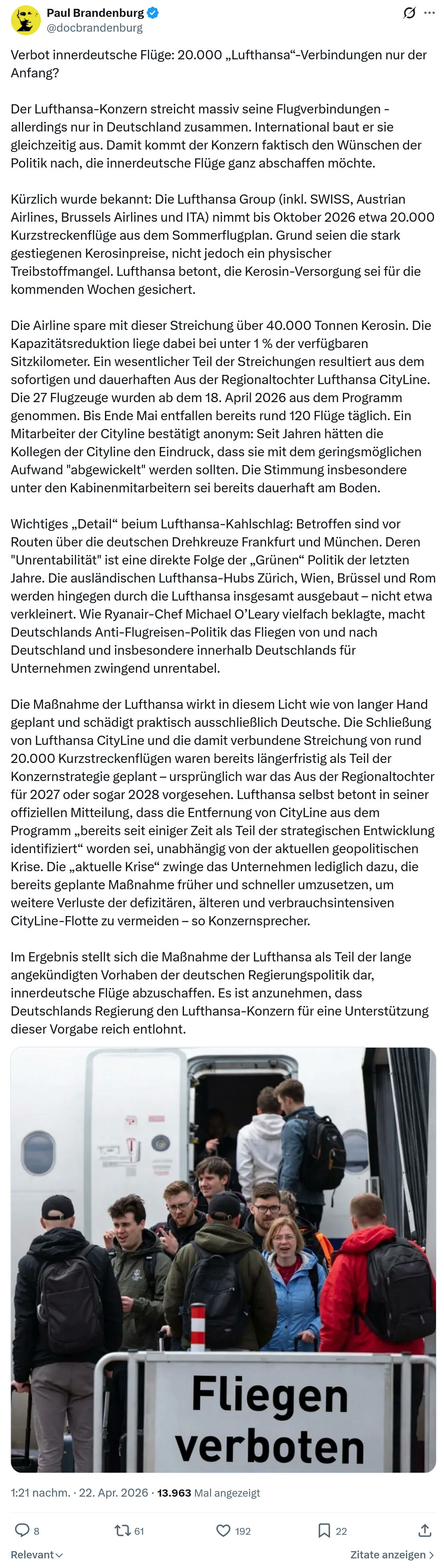 Paul Brandenburg: Verbot innerdeutsche Flüge…