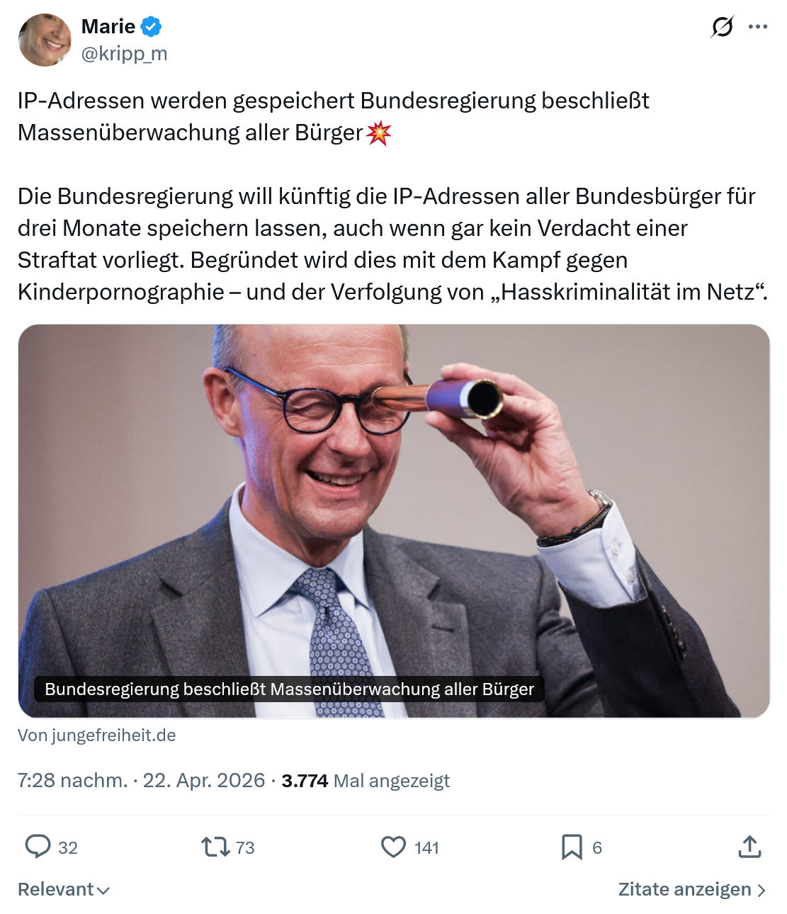 Marie kripp: IP-Adressen werden gespeichert Bundesregierung…