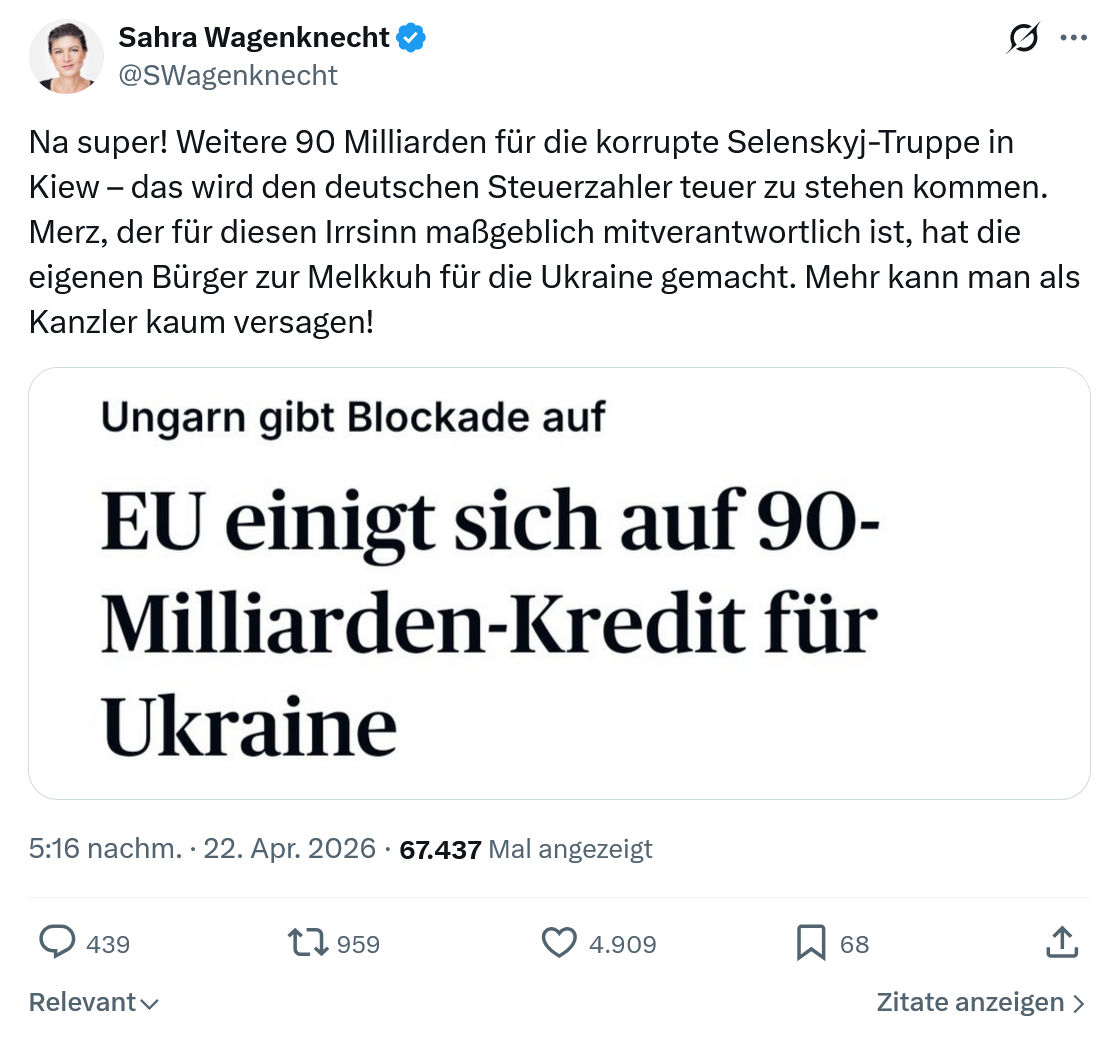 Sahra Wagenknecht: Na super! Weitere 90 Milliarden…