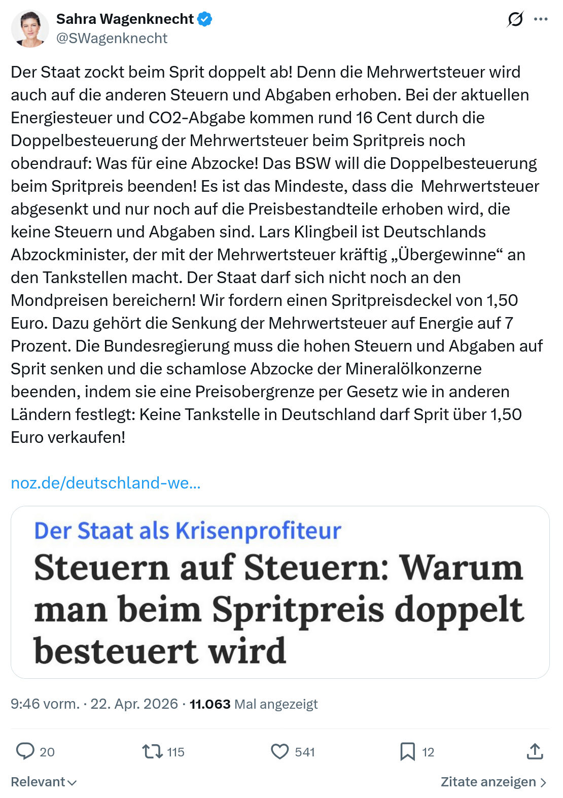 Sahra Wagenknecht: Der Staat zockt beim Sprit doppelt ab…