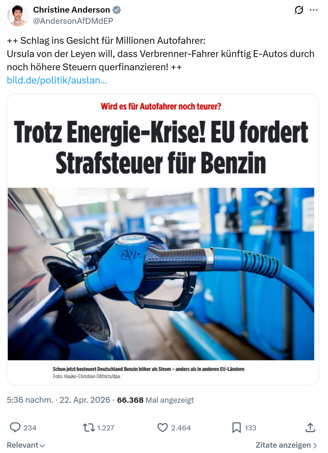 Christine Anderson: ++ Schlag ins Gesicht für Millionen Autofahrer…