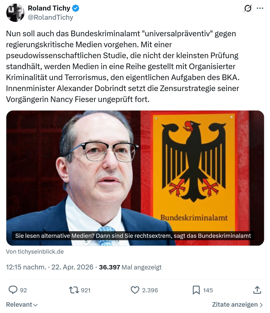 Roland Tichy: Nun soll auch das Bundeskriminalamt "universalpräventiv"…