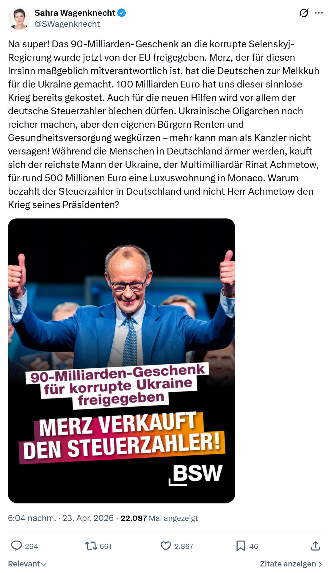 Sahra Wagenknecht: Na super! Das 90-Milliarden-Geschenk...