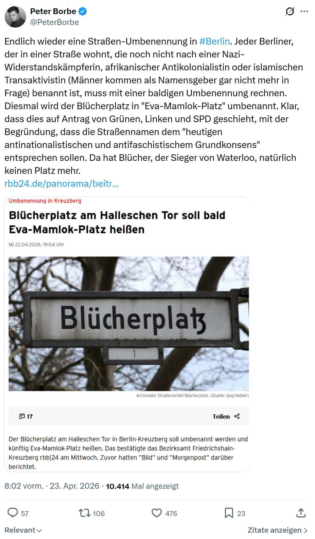 Peter Borbe: Endlich wieder eine Straßen-Umbenennung ...