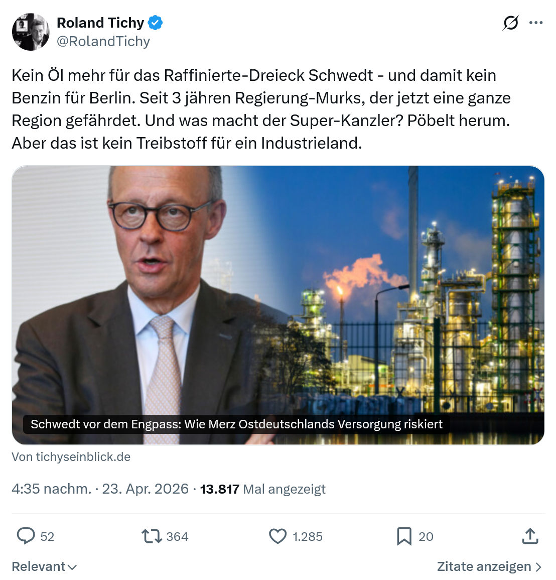 Roland Tichy: Kein Öl mehr für das...